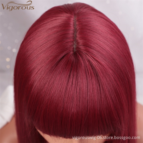 Vigorous Long Straight Wig with Bangs Wine Red Color Synthetic Hair Wigs for Women Heat Resistant Fiber Wholesale Price